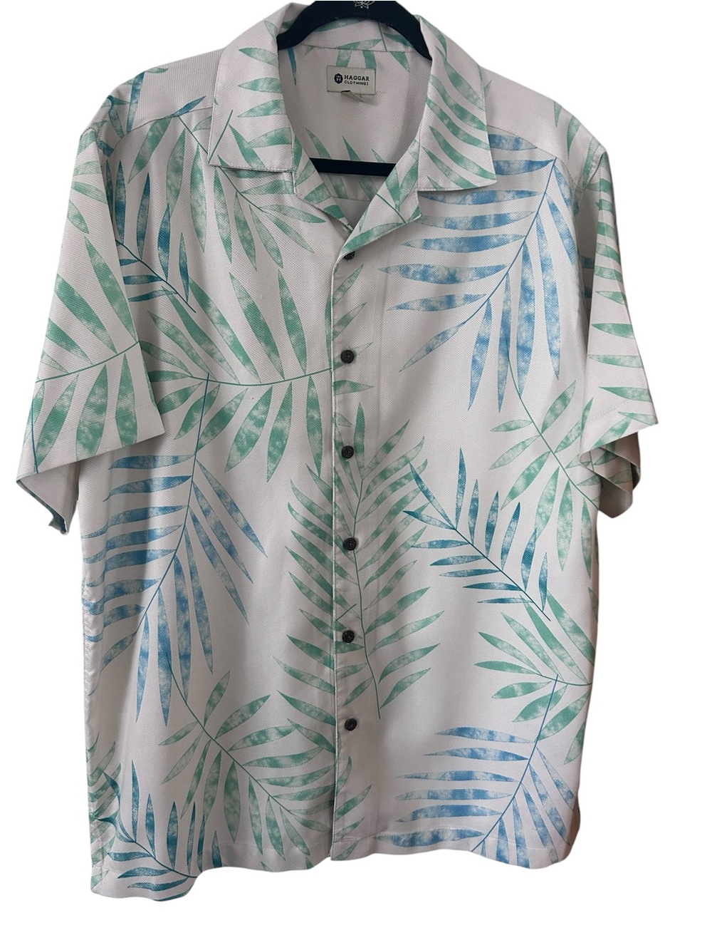Haggar White Short-Sleeve Palm Print Button-Down Shirt with Blue & Green Leaves